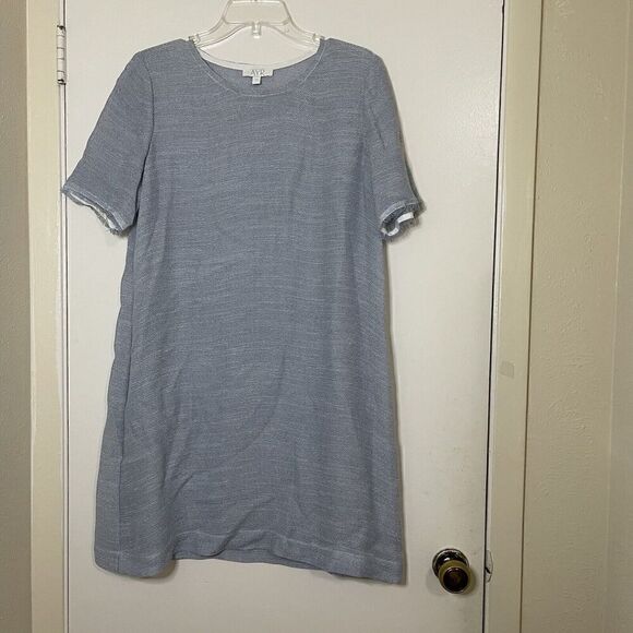 AYR Blue white mesh Short sleeve frayed hem shift dress size Large - Picture 1 of 8